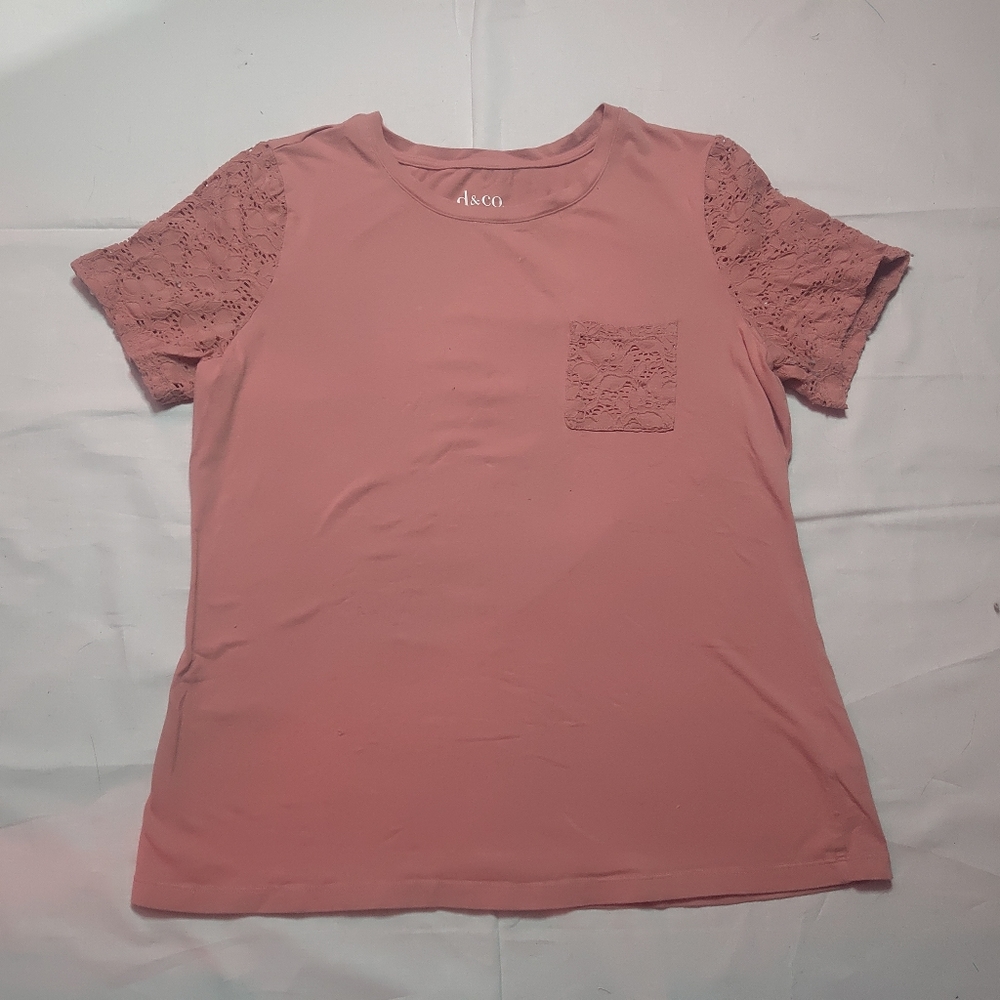 Denim & Co Shirt Women's Small Samon Lace Sleeve Tee Short Sleeve Round Neck Top